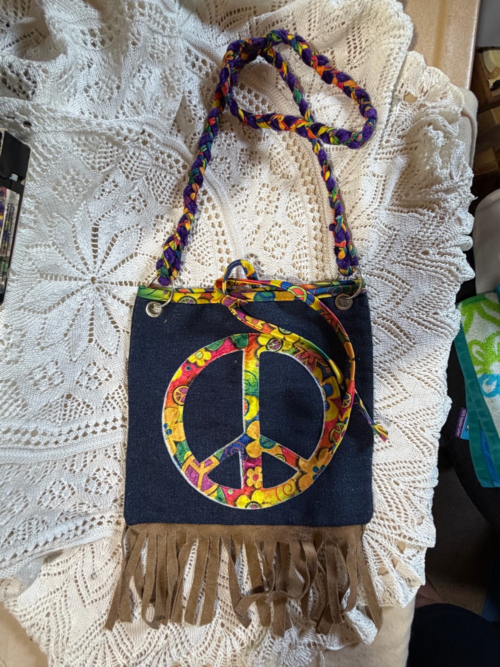 Denim Shoulder Bag with Colorful Peace Sign Accent